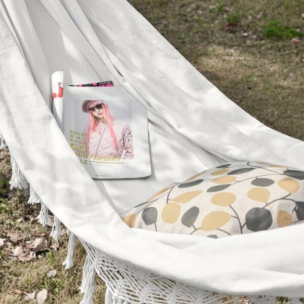 Portable Tree Mounted Garden Hammock in White with Macrame Fringe