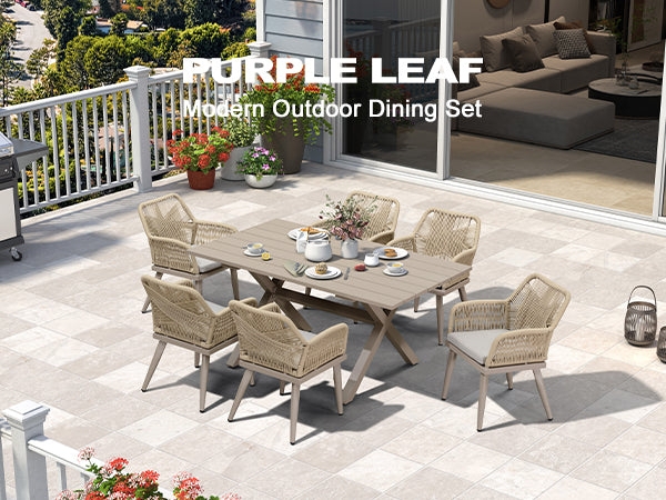 Purple Leaf 7 Pieces Patio Dining Set, Rectangular Aluminum Outdoor Table and 6 Wicker Chairs with Cushions for Garden Kitchen and Porch, Champagne