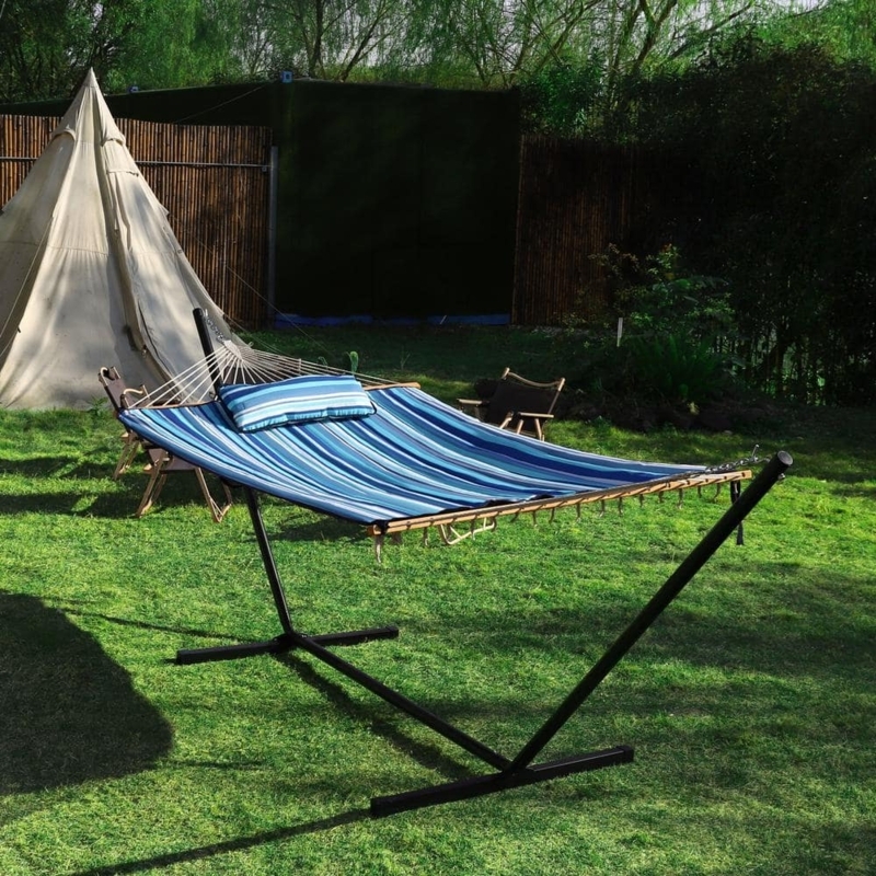 Quilted Hammock, Blue & White Striped, with Stand & Pillow