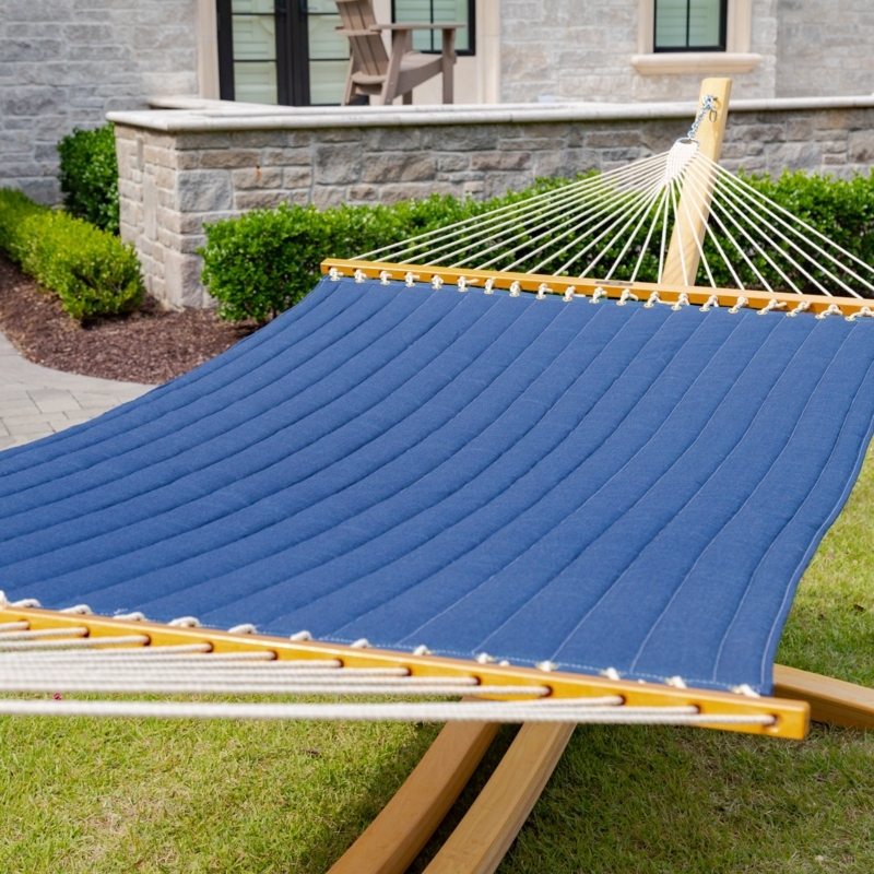 Quilted Hammock in Indigo Blue with Spreader Bars and Matching Pillow