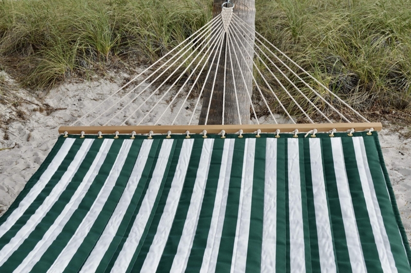Quilted Hammock Set with Green Stripes, Pillow, and Stand