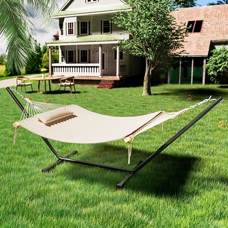 Quilted Hammock with Arc Stand and Detachable Pillow in White