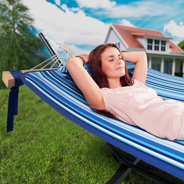 Quilted Hammock with Stand, Pillow, and Blue Stripes