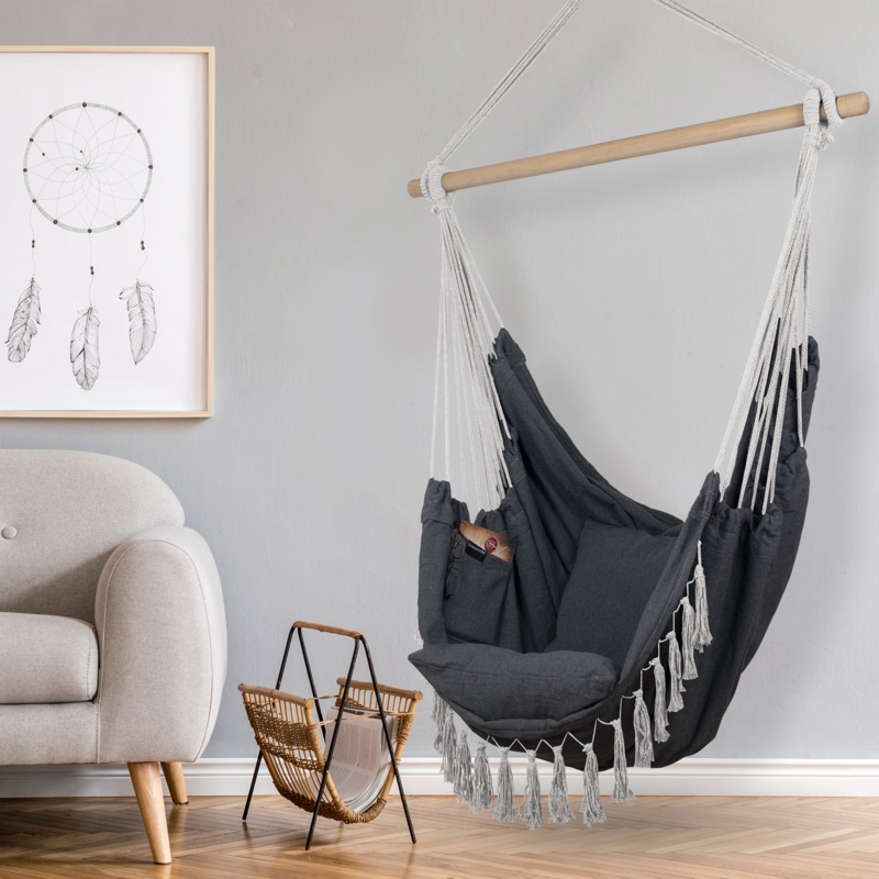 Quilted Hanging Hammock Chair with Footrest and Tassels, Light Grey