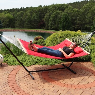 Quilted Navy Striped Hammock with Spreader Bars and Pillow