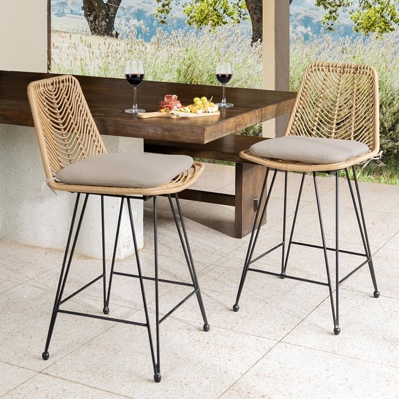 Rattan Back Counter Height Stools, Plush Seat Cushion, Black Metal Frame