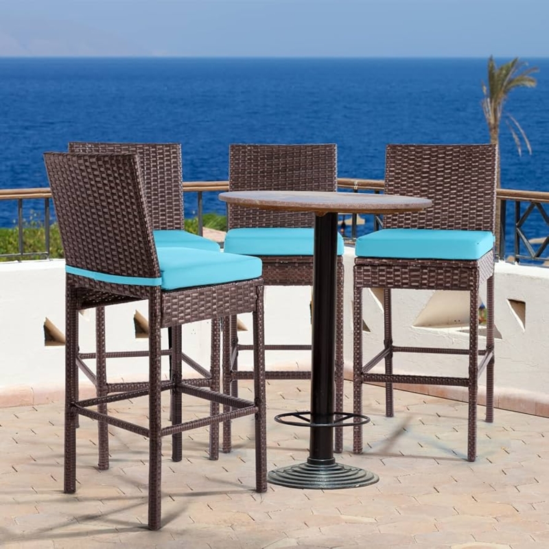 Rattan Bar Stools with Cushions, Cobalt Blue, Espresso Wicker Weave