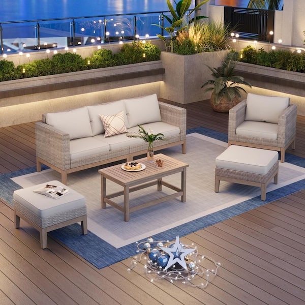 Rattan Outdoor Conversation Set Woven Wicker Beige Cushions Ottomans