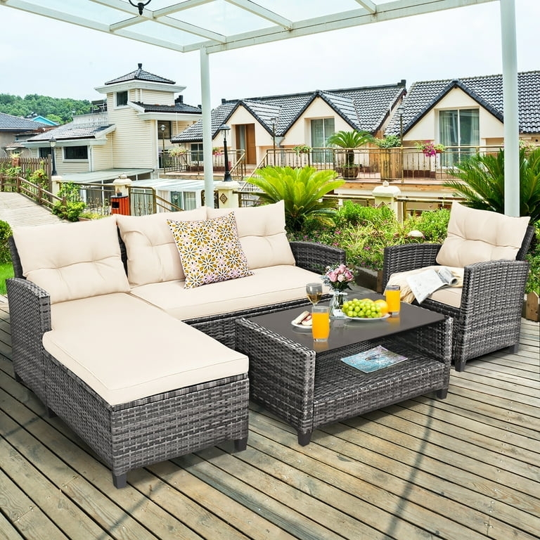 Rattan Patio Conversation Set with Contrasting White Cushions