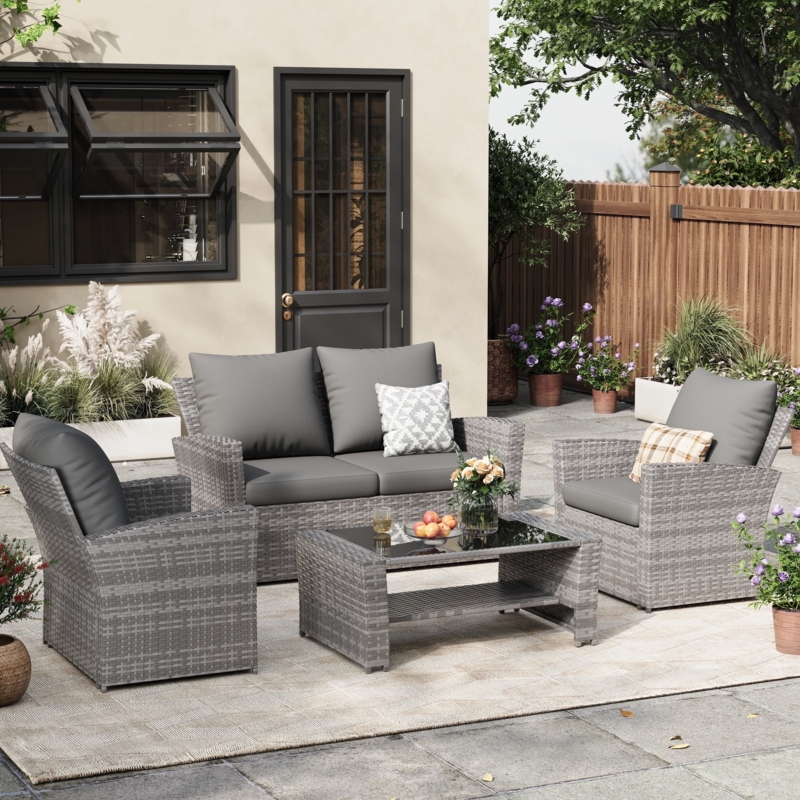Rattan Patio Furniture Set with Glass Top and Modular Design