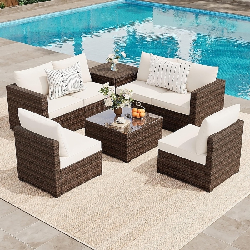 Rattan Sectional Sofa with Integrated Storage Box and Glass Top