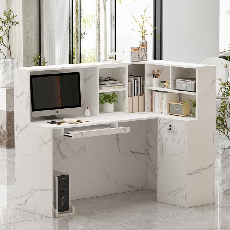 Reception Desk with Raised Panel and Open Shelves, Modern L-Shaped Desk