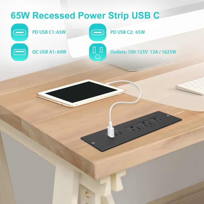 Recessed Power Strip Flush Mount USB-C Charging Station Minimalist