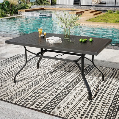 Rectangular Patio Dining Table, Dark Gray Slatted Metal, Parasol Hole.