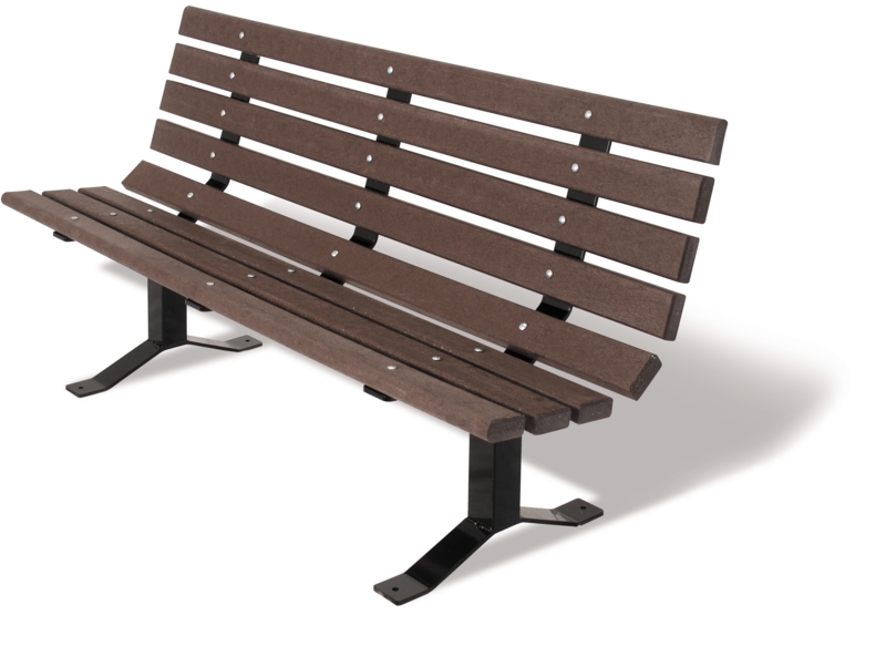 Recycled Plastic Park Bench. Brown planks, black metal pedestal base.