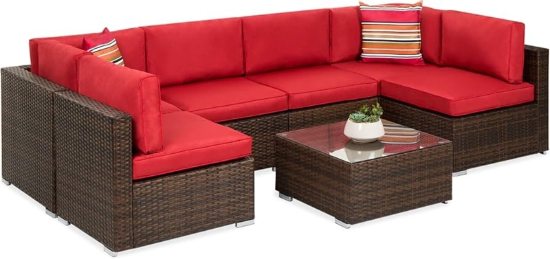 Red Cushion Pool Deck Seating, U-Shaped Modular Wicker Conversation Set