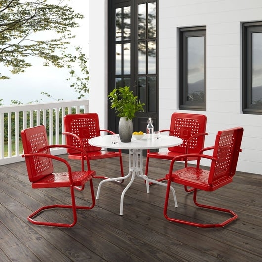 Red Outdoor Dining Set Retro Spring Action Chairs Round Pedestal Table