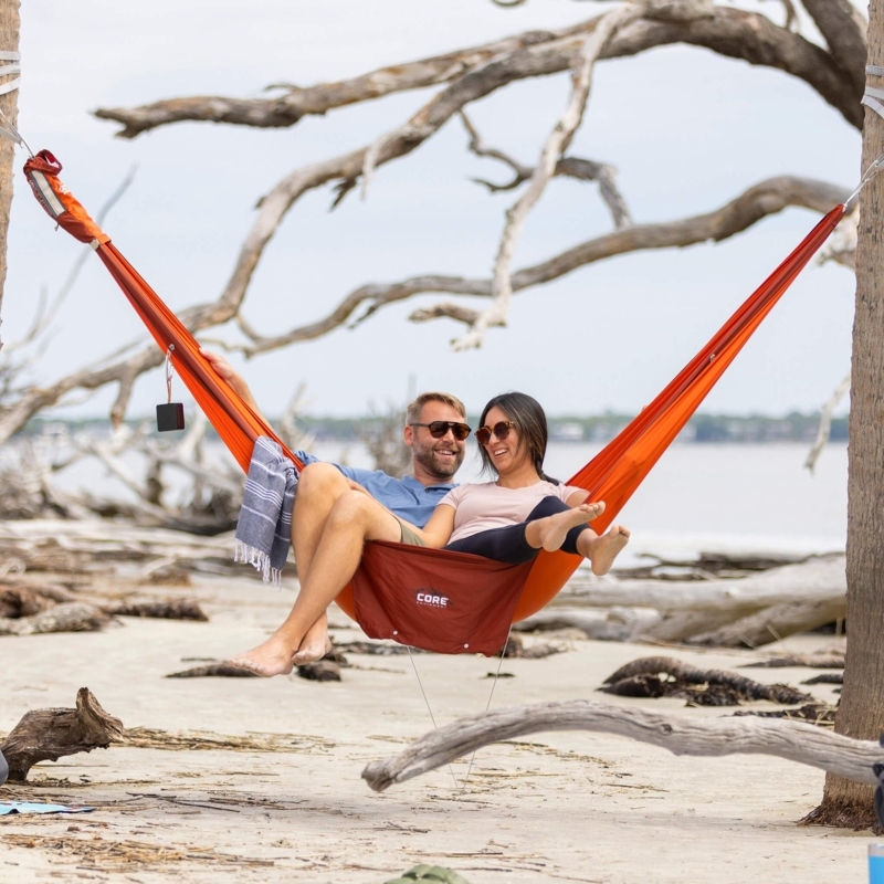 Red Quilted Hammock Integrated Headrest Metal Stand Backyard Patio