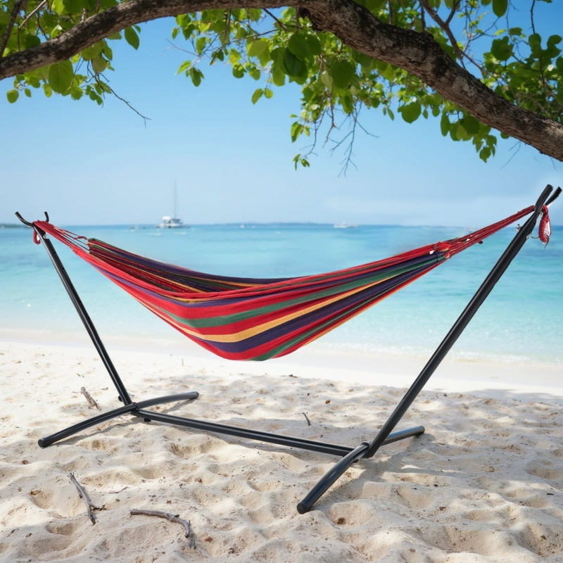 Red Striped Hammock Freestanding Steel Stand Patio Relaxation Setup