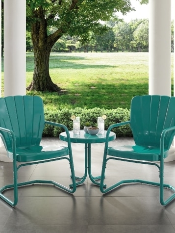 Retro Teal Metal Patio Set Clamshell Back Perforated Chairs