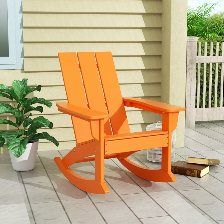 Rocking Chair, Vibrant Orange Molded Plastic, Slatted Silhouette