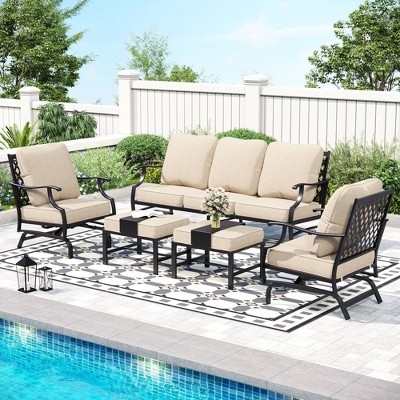 Rocking Outdoor Conversation Set with Matching Ottomans Beige Cushions