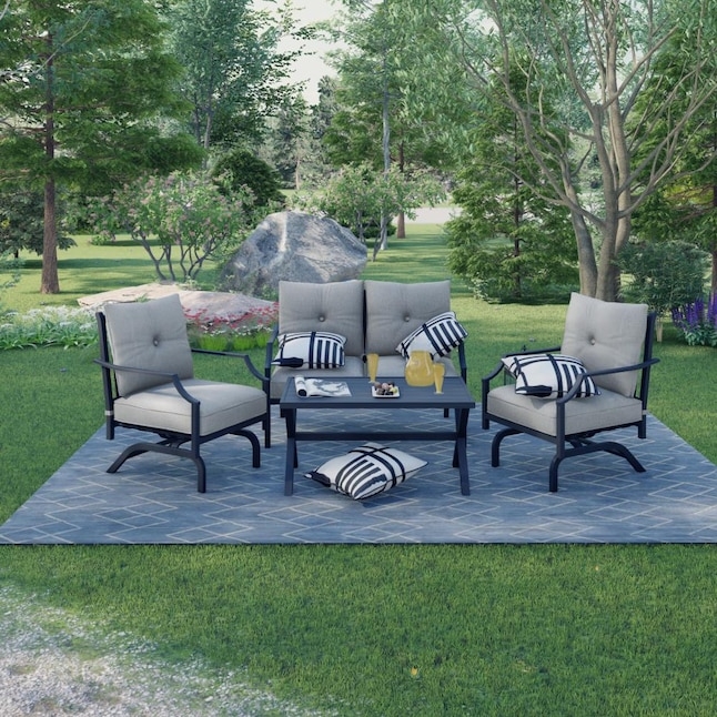 Rocking Patio Conversation Set with Slatted Backs and Glass Top Table