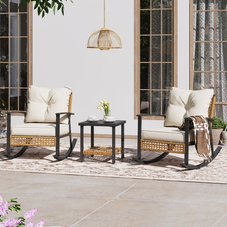 Rocking Patio Furniture Set with Two Tier Table and Wicker Cushions