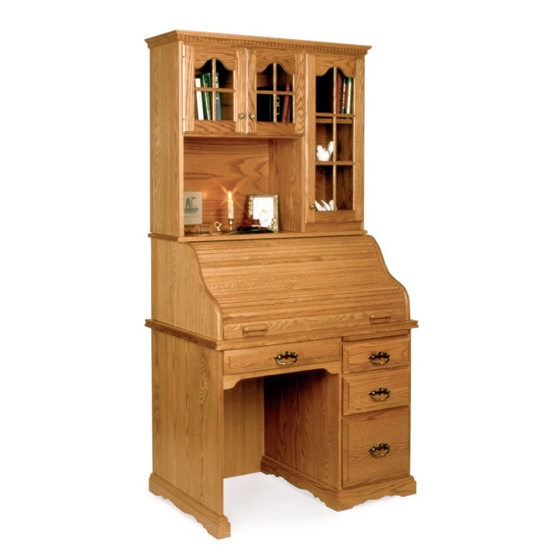 Roll Top Desk with Hutch, Tambour Door, Storage Cubbies, Traditional Wood.