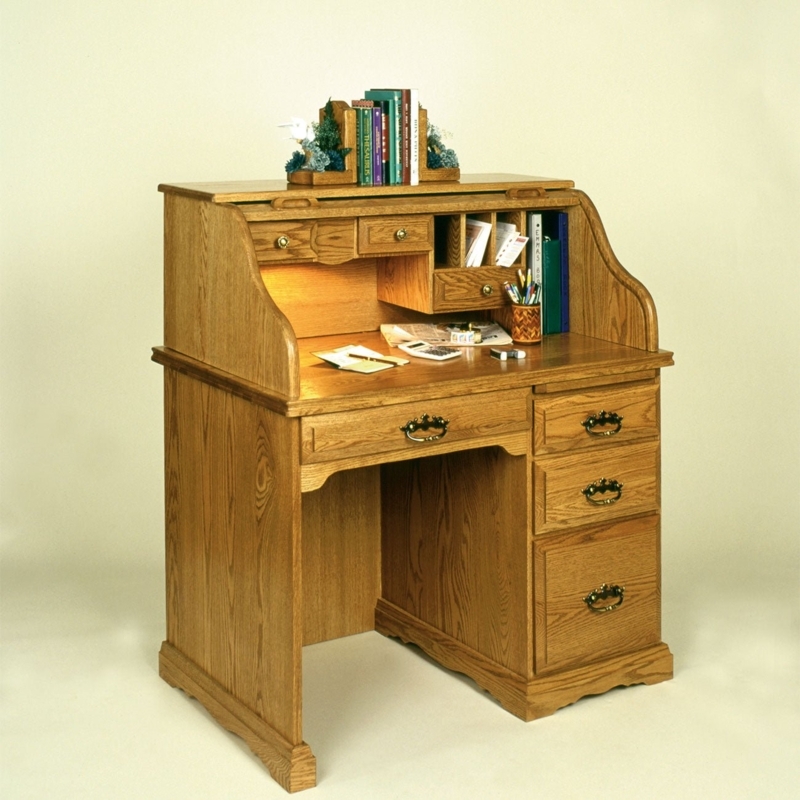 Roll Top Writing Desk, Turned Legs, Cubby Storage, Craftsman Wood Finish.