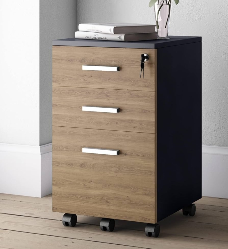 Rolling File Cabinet, Two-Tone Walnut & Black, Locking Under Desk Storage.