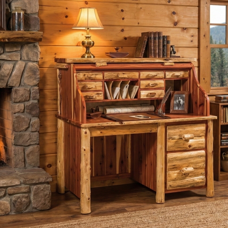 Rolltop Desk Natural Log Frame Tambour Top Visible Bark