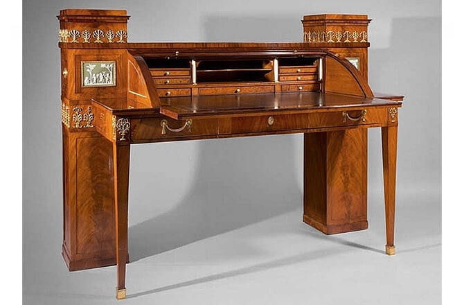 Rolltop Desk Tambour Pedestal Design Ornate Carvings Wood