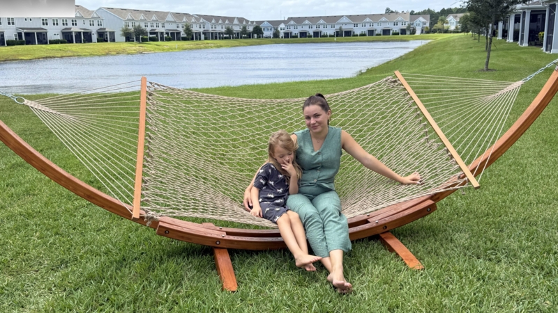 Rope Hammock With Double Weave and Wooden Spreader Bars, Tan
