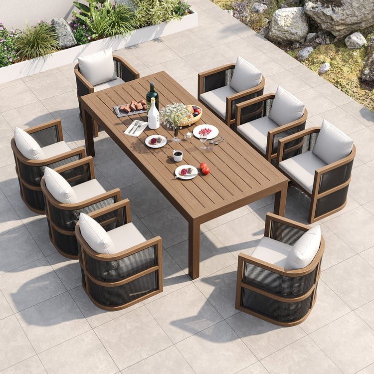 Rope Weave Patio Furniture Set with Stone Look Top & 9 Piece Capacity