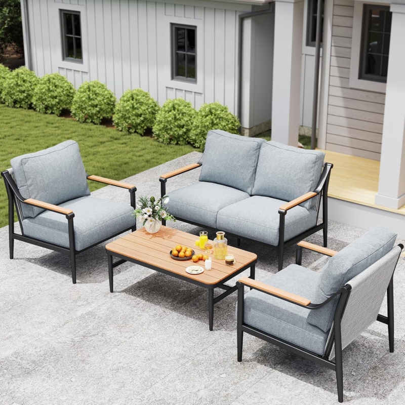 Rope Woven Outdoor Conversation Set, Wood Legs, Modern Coastal Style