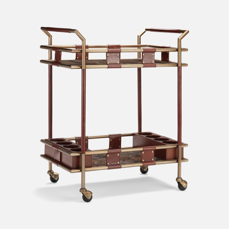 Round Bar Cart with Shagreen Finish and Circular Shelves