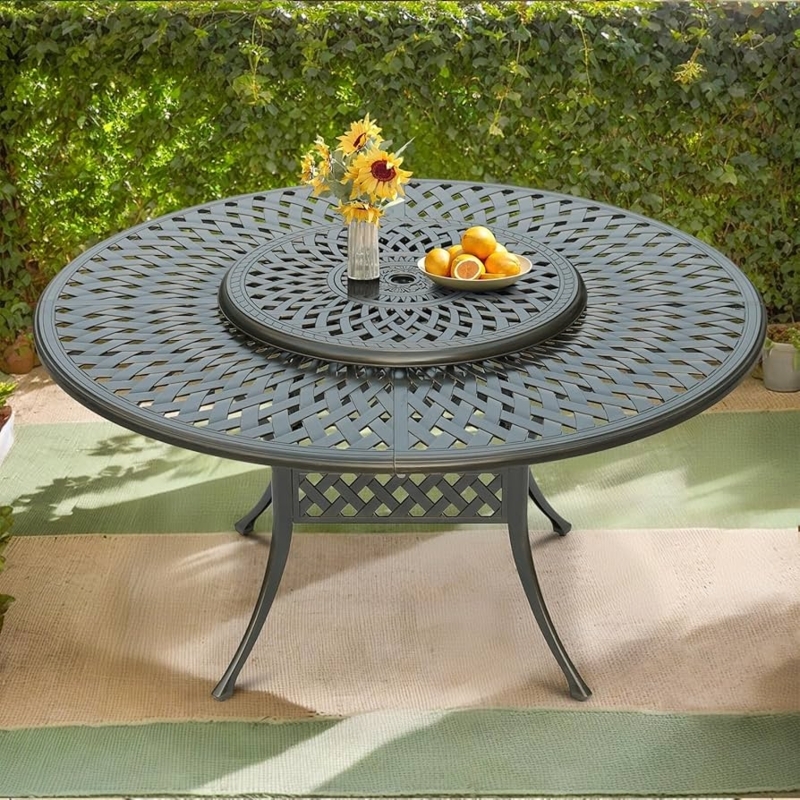 Round Dark Bronze Patio Dining Table with Lazy Susan