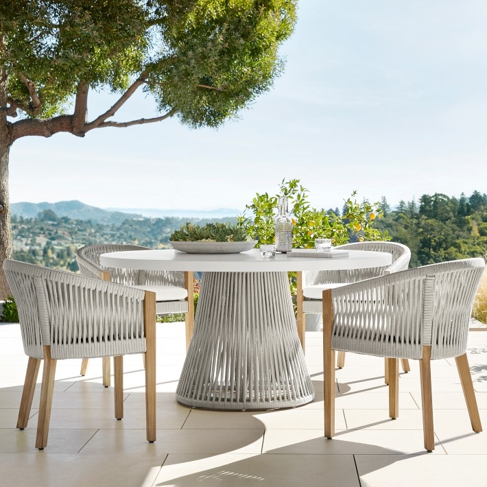 Round Dining Table with Rope Wrapped Base and White Fiberstone Top