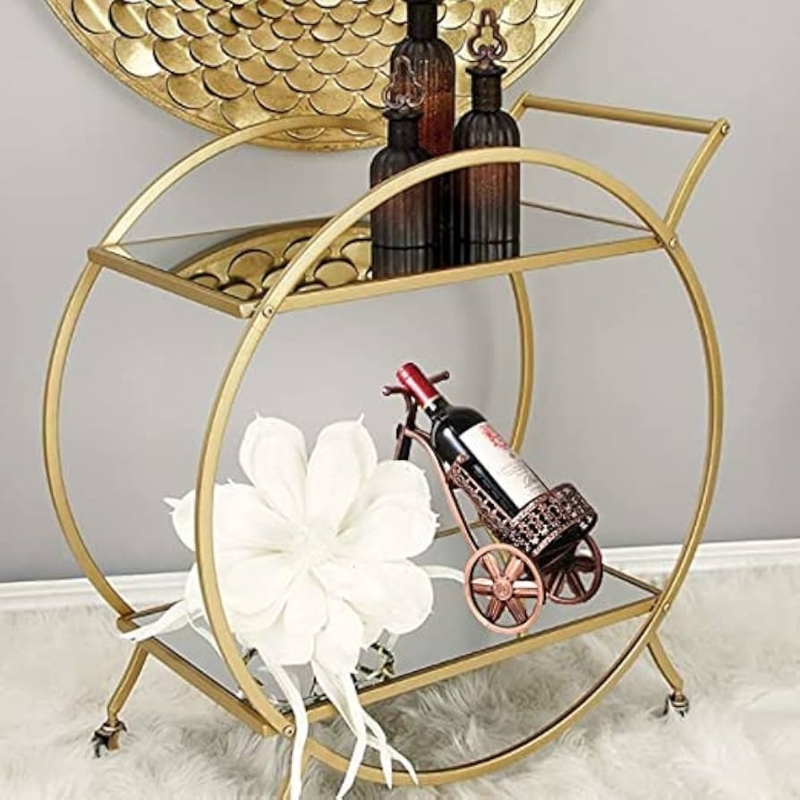 Round Gold Bar Cart with Mirrored Shelves, Glam Cocktail Station