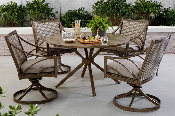 Round Metal Patio Set with Woven Back Swivel Chairs and Cushions