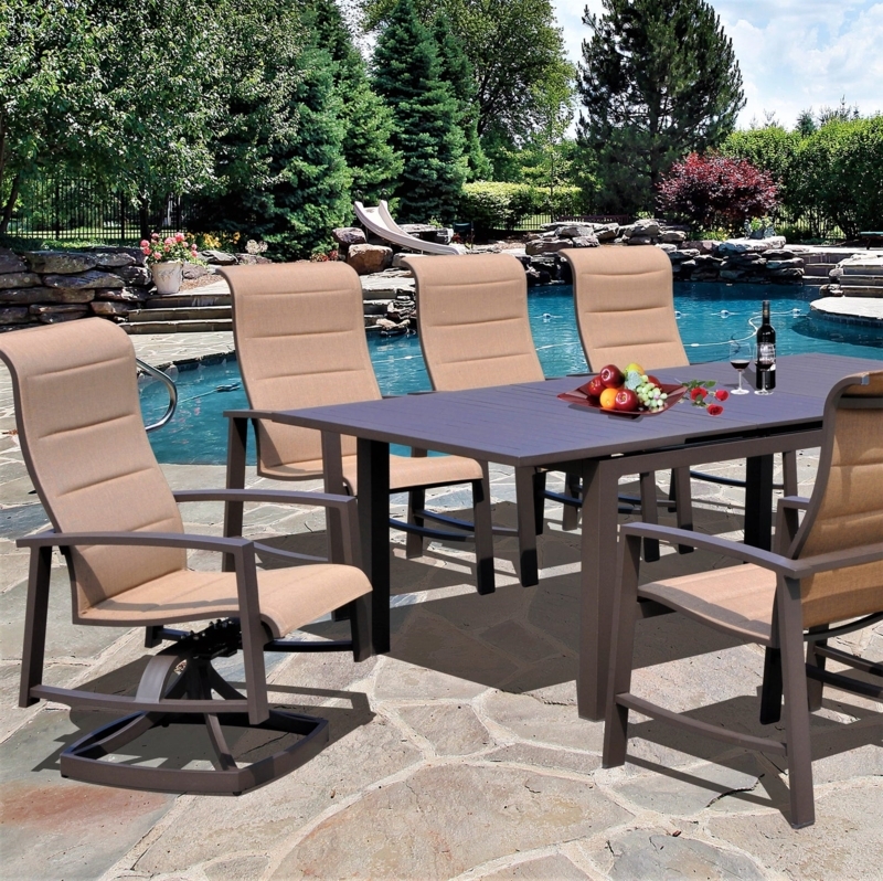 Round Outdoor Dining Set 5-Piece Bronze Swivel Rocker Padded Sling