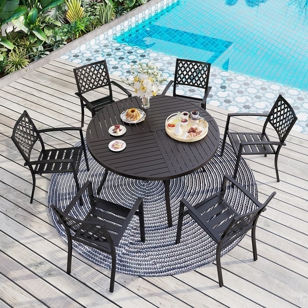 Round Outdoor Dining Set: 7-Piece Charcoal Metal Slatted Table