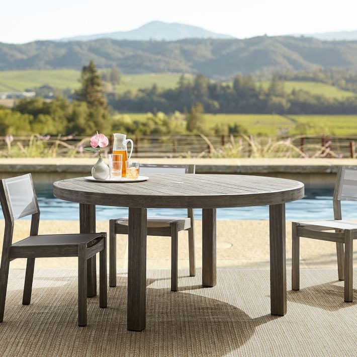 Round Outdoor Dining Table Weathered Gray Pedestal Base Rustic