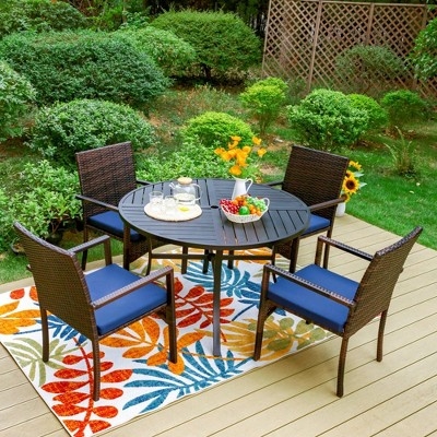 Round Patio Dining Set, Dark Table with Natural Wicker Chairs