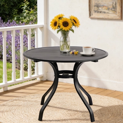 Round Patio Dining Table, Matte Black Metal, Umbrella Hole and Lattice Top.