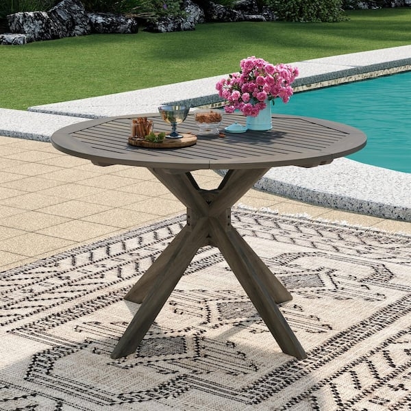 Round Patio Dining Table with Weathered Gray Wood X-Base