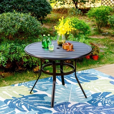 Round Patio Table Black Metal Slatted Top Weather Resistant Dining