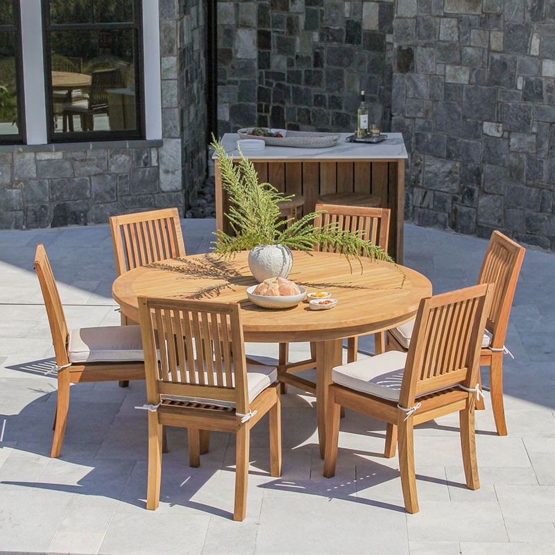 Round Top Outdoor Dining Table with Pedestal Base, Slatted Teak