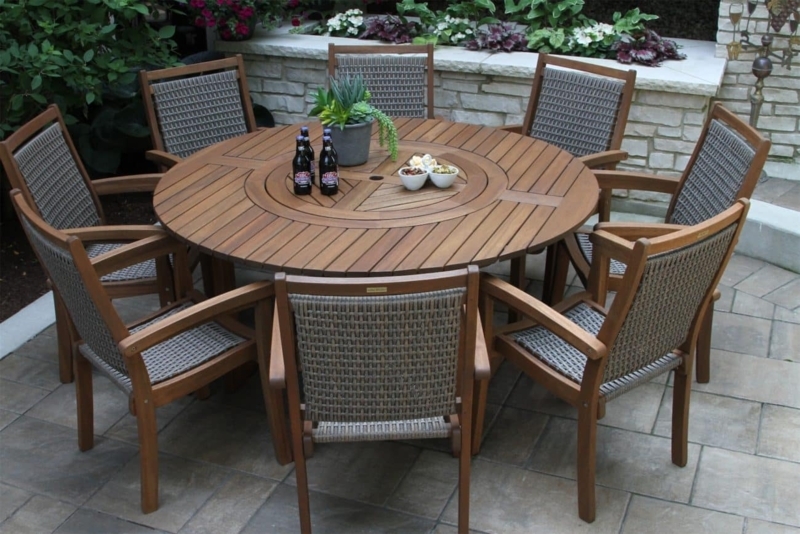 Round Wood Outdoor Dining Set with Built-in Lazy Susan 8 Person